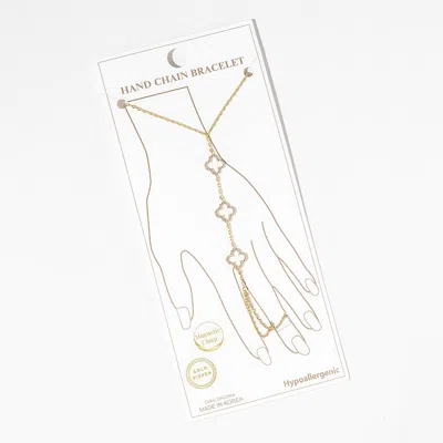 Fashnzfab Gold Dipped Cz Pave Open Quatrefoil Link Hand Chain Magnetic Bracelet