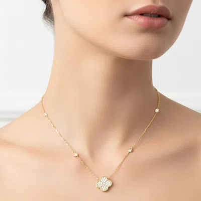 Fashnzfab Gold Dipped Cz Pave Quatrefoil Pendant Accent Bezel Station Chain Necklace In Multi