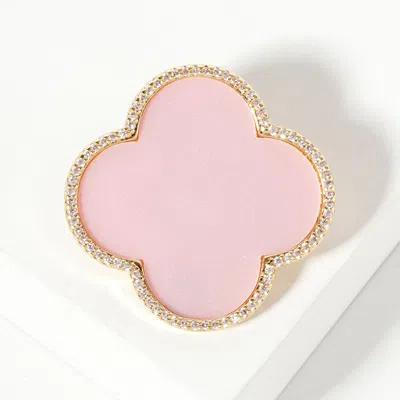 Fashnzfab Gold Dipped Cz Pave Rim Quatrefoil Pin Brooch In Pink