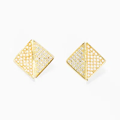 Fashnzfab Gold Dipped Cz Pearl Embellished Geometric Stud Earrings