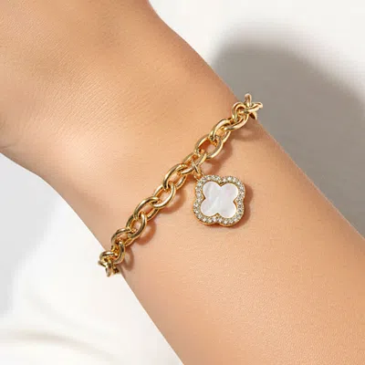 Fashnzfab Gold Dipped Cz Rim Mother Of Pearl Quatrefoil Charm Chain Magnetic Bracelet In Multi