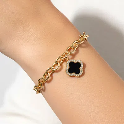 Fashnzfab Gold Dipped Cz Rim Quatrefoil Charm Chain Magnetic Bracelet