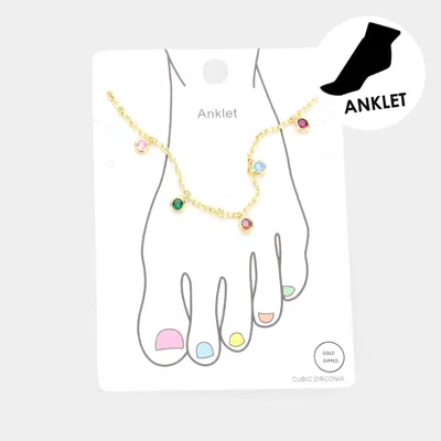 Fashnzfab Gold Dipped Cz Round Charm Station Anklet In Multi