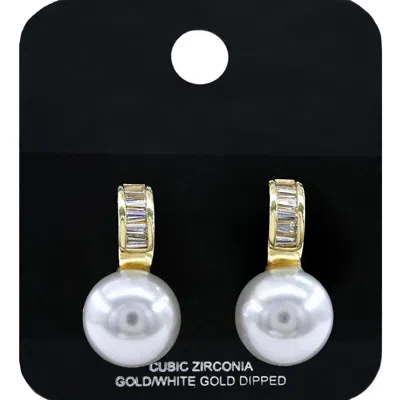 Fashnzfab Gold Dipped Cz Stone Accent Pearl Drop Earrings