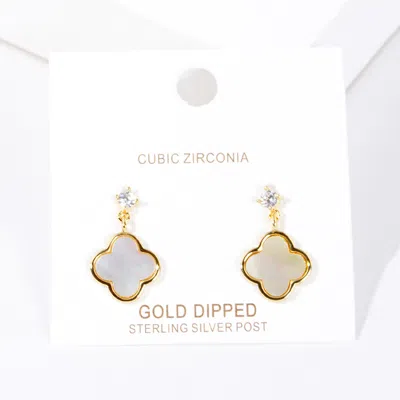 Fashnzfab Gold Dipped Cz Stone Mother Of Pearl Quatrefoil Link Dangle Earrings - Gold, Mother Of Pearl In Multi