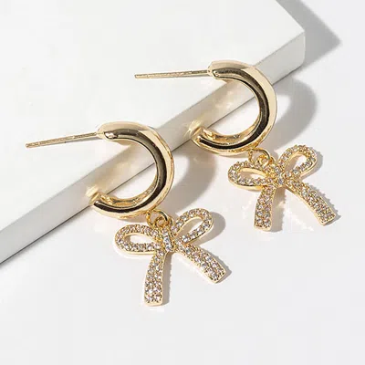 Fashnzfab Gold Dipped Cz Stone Paved Bow Drop Dangle Mini Hoop Earrings In Multi