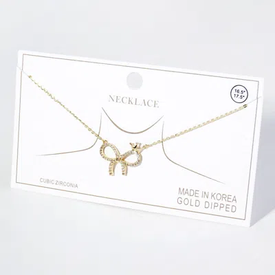 Fashnzfab Gold Dipped Cz Stone Paved Bow Pendant Necklace