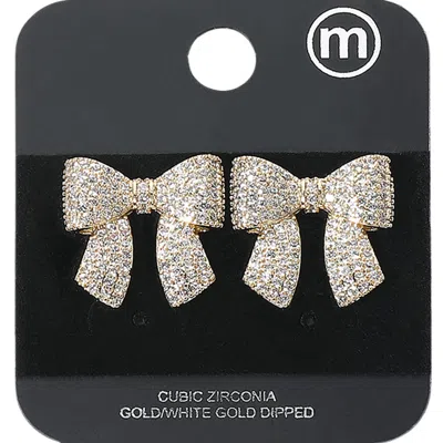 Fashnzfab Gold Dipped Cz Stone Paved Bow Stud Earrings