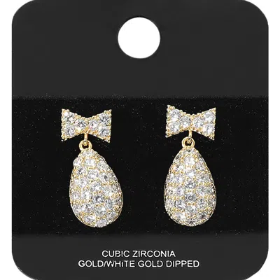 Fashnzfab Gold Dipped Cz Stone Paved Bow Teardrop Dangle Earrings