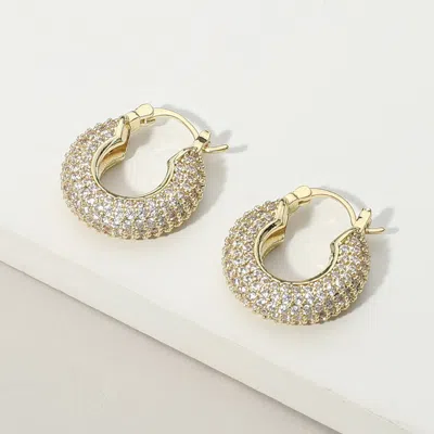 Fashnzfab Gold Dipped Cz Stone Paved Chunky Pin Catch Hoop Earrings - Gold