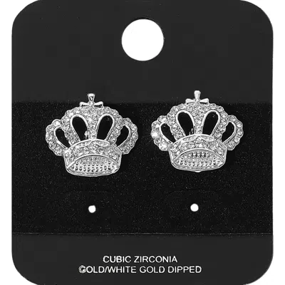 Fashnzfab Gold Dipped Cz Stone Paved Crown Stud Earrings - Rhodium In Silver