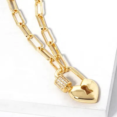 Fashnzfab Gold Dipped Cz Stone Paved Heart Lock Pendant Paperclip Chain Necklace