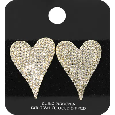 Fashnzfab Gold Dipped Cz Stone Paved Heart Stud Earrings - Gold