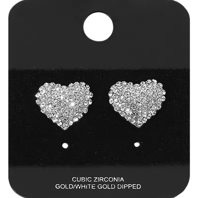 Fashnzfab Gold Dipped Cz Stone Paved Heart Stud Earrings - Rhodium In White