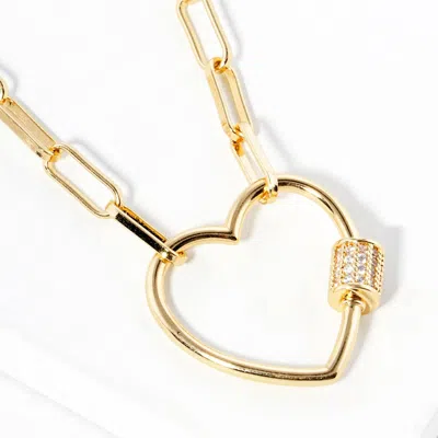 Fashnzfab Gold Dipped Cz Stone Paved Open Heart Carabiner Pendant Paperclip Chain Necklace - Clear, Gold