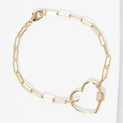 Fashnzfab Gold Dipped Cz Stone Paved Open Heart Carabiner Pointed Paperclip Chain Bracelet Clear, Gold