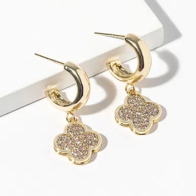 Fashnzfab Gold Dipped Cz Stone Paved Quatrefoil Drop Dangle Mini Hoop Earrings In Multi