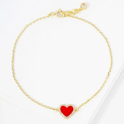 Fashnzfab Gold Dipped Cz Stone Paved Rim Heart Charm Pointed Bracelet Gold, Red In Multi