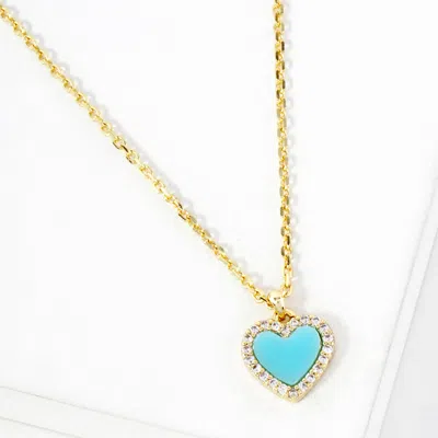 Fashnzfab Gold Dipped Cz Stone Paved Rim Heart Pendant Necklace In Blue
