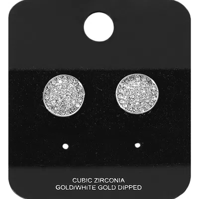 Fashnzfab Gold Dipped Cz Stone Paved Round Stud Earrings - Rhodium In Metallic