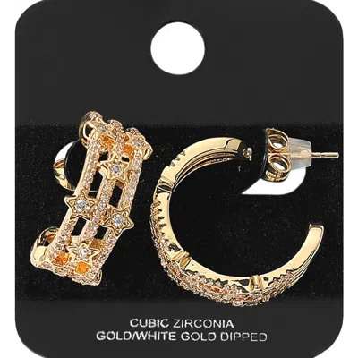 Fashnzfab Gold Dipped Cz Stone Paved Star Accent Split Hoop Earrings