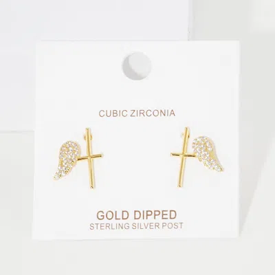Fashnzfab Gold Dipped Cz Stone Paved Wing Metal Cross Stud Earrings