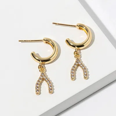 Fashnzfab Gold Dipped Cz Stone Paved Wishbone Drop Dangle Mini Hoop Earrings In Multi