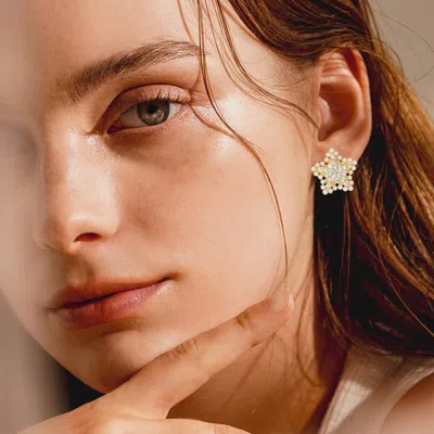 Fashnzfab Gold Dipped Cz Stone Pearl Paved Star Stud Earrings