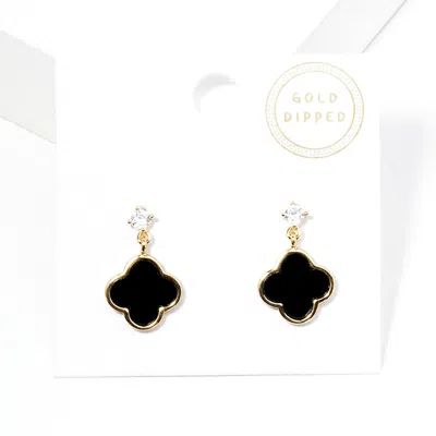 Fashnzfab Gold Dipped Cz Stone Quatrefoil Link Dangle Earrings - Black