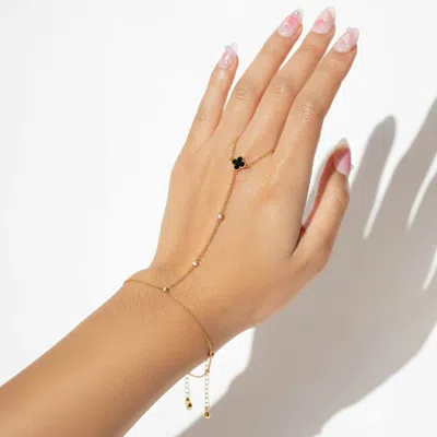 Fashnzfab Gold Dipped Delicate Beaded Quatrefoil Accent Hand Chain Magnetic Bracelet In Transparent