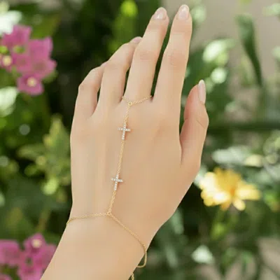 Fashnzfab Gold Dipped Delicate Cz Pave Cross Charm Accent Hand Chain Magnetic Bracelet