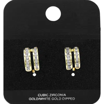 Fashnzfab Gold Dipped Double Cz Row Mini Open Hoop Earrings Gold
