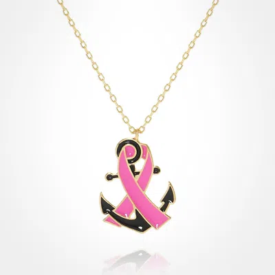 Fashnzfab Gold Dipped Enamel Anchor Pink Ribbon Pendant Necklace