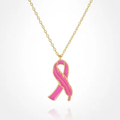 Fashnzfab Gold Dipped Enamel Feather Detailed Pink Ribbon Pendant Necklace In Multi