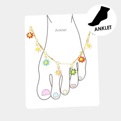 Fashnzfab Gold Dipped Enamel Flower Charm Station Anklet In Silver