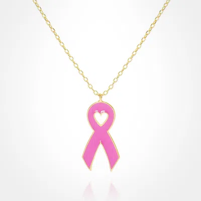 Fashnzfab Gold Dipped Enamel Pink Ribbon Pendant Necklace In Multi
