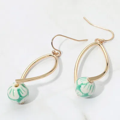 Fashnzfab Gold Dipped Floral Ceramic Ball Accent Abstract Teardrop Dangle Earrings