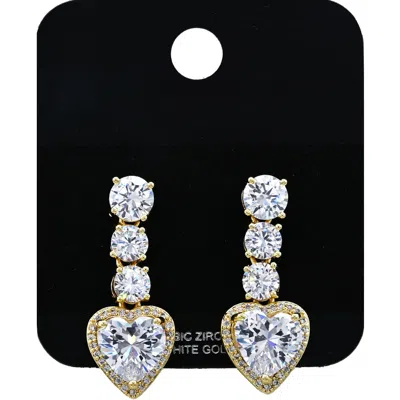 Fashnzfab Gold Dipped Heart Cz Stone Drop Earrings In Metallic