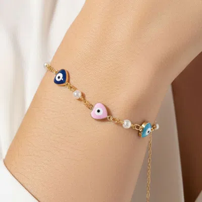 Fashnzfab Gold Dipped Heart Evil Eye Pearl Charm Link Bracelet In Multi