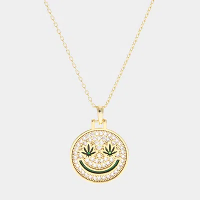 Fashnzfab Gold Dipped Hemp Leaf Pointed Cz Smile Pendant Necklace In Multi