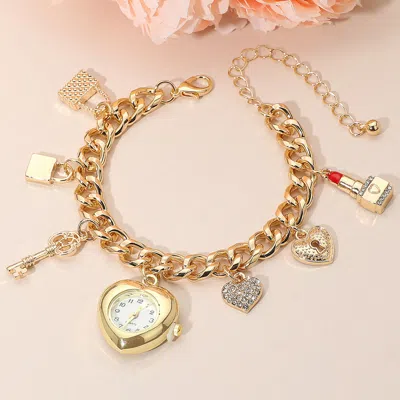 Fashnzfab Gold Dipped Key Lipstick Heart Charm Watch Bracelet - Gold, Red