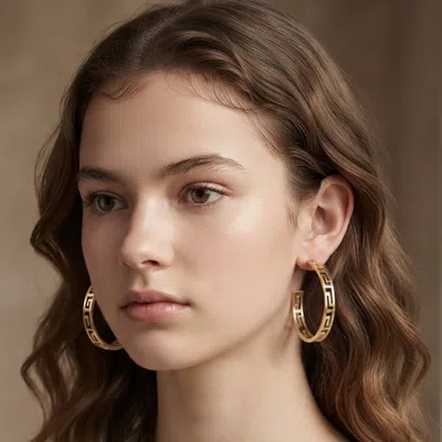 Fashnzfab Gold Dipped Large Geometric Greek Key Cutout Hoop Earrings In Silver