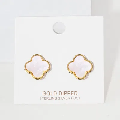 Fashnzfab Gold Dipped Metal Trim Mother Of Pearl Quatrefoil Stud Earrings In Pink