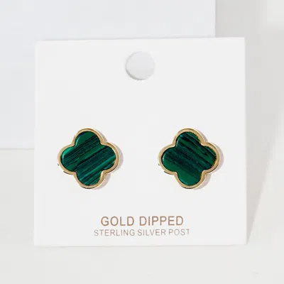 Fashnzfab Gold Dipped Metal Trim Quatrefoil Stud Earrings - Green