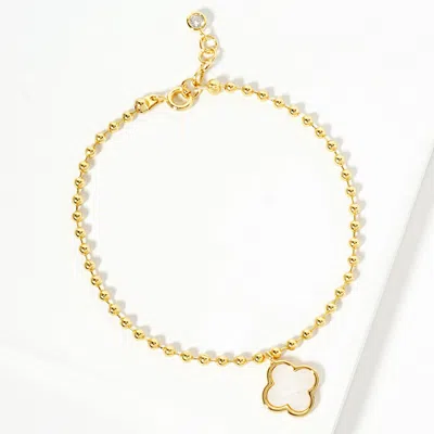 Fashnzfab Gold Dipped Mother Of Pearl Quatrefoil Charm Bubble Chain Bracelet - Gold, White