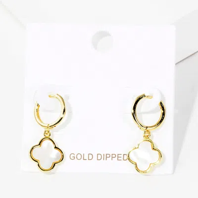 Fashnzfab Gold Dipped Mother Of Pearl Quatrefoil Link Dangle Huggie Hoop Earrings