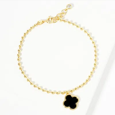 Fashnzfab Gold Dipped Natural Stone Quatrefoil Charm Bubble Chain Bracelet Black, Gold In Multi