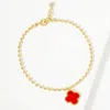 Fashnzfab Gold Dipped Natural Stone Quatrefoil Charm Bubble Chain Bracelet Gold, Red In Multi