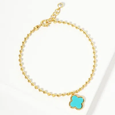 Fashnzfab Gold Dipped Natural Stone Quatrefoil Charm Bubble Chain Bracelet Gold, Turquoise In Multi