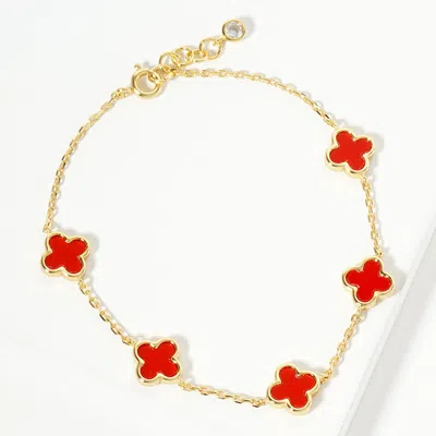Fashnzfab Gold Dipped Natural Stone Quatrefoil Station Bracelet Gold, Red In Multi
